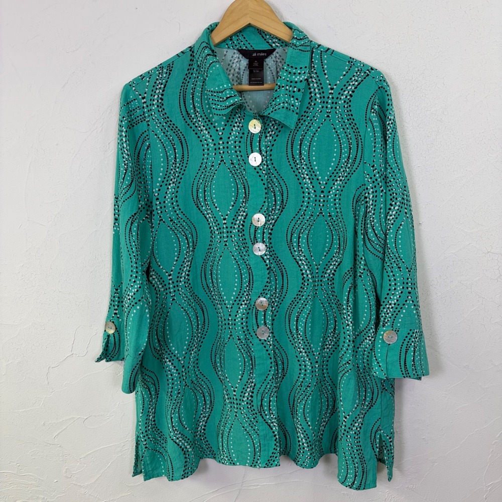 Ali Miles Button Down Shirt Womens XL Green Dotted Wavy Art To Wear Lagenlook